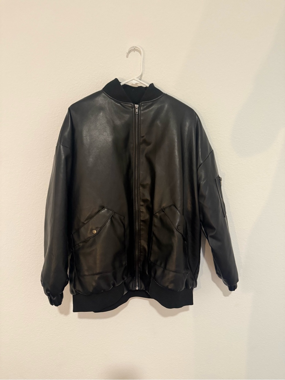 Edikted Black Faux Leather Oversized Bomber Jacket XS